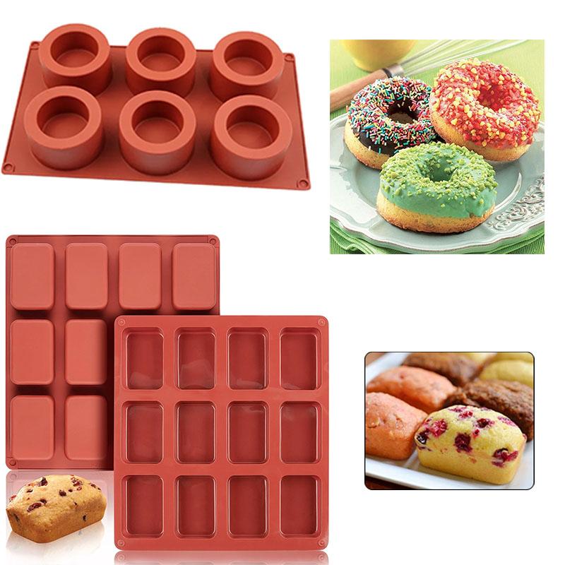 12 Cavity Rectangle and 6 Cavity Round Silicone Baking Molds for Muffins Cakes and Desserts Non Stick Heat Resistant Bakeware