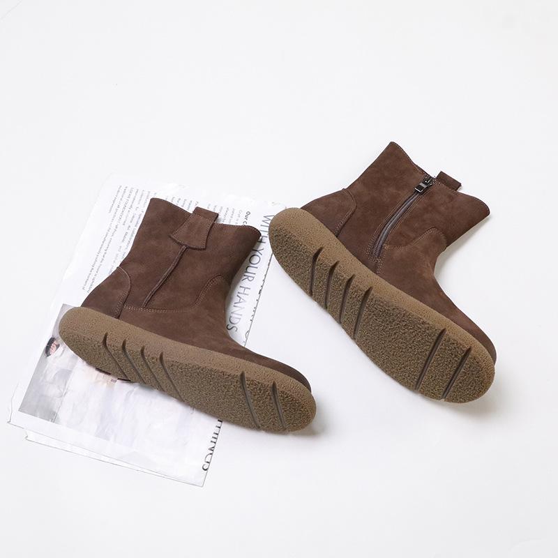 Johnature Versatile Solid Color Short Boots Retro Genuine Leather Round Toe Flat Women's Shoes