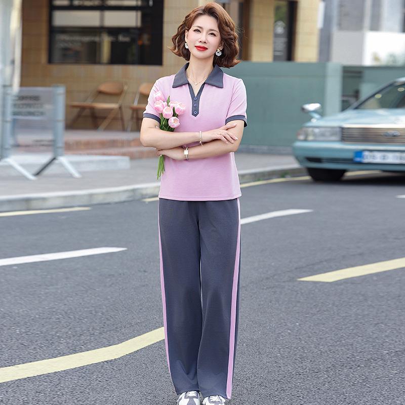 

2026 Summer Casual Short Sleeve Two-Piece Set for Middle-Aged and Elderly Fashionable Moms 3XL рожевий