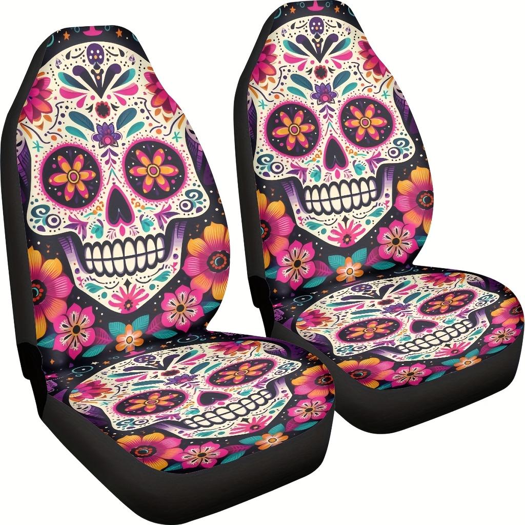 2Pcs Day Of The Dead Skull Flowers Car Seat Covers Universal Fit, Accesorios Para Carro, Car Seat Covers Full Set, Car Stuff