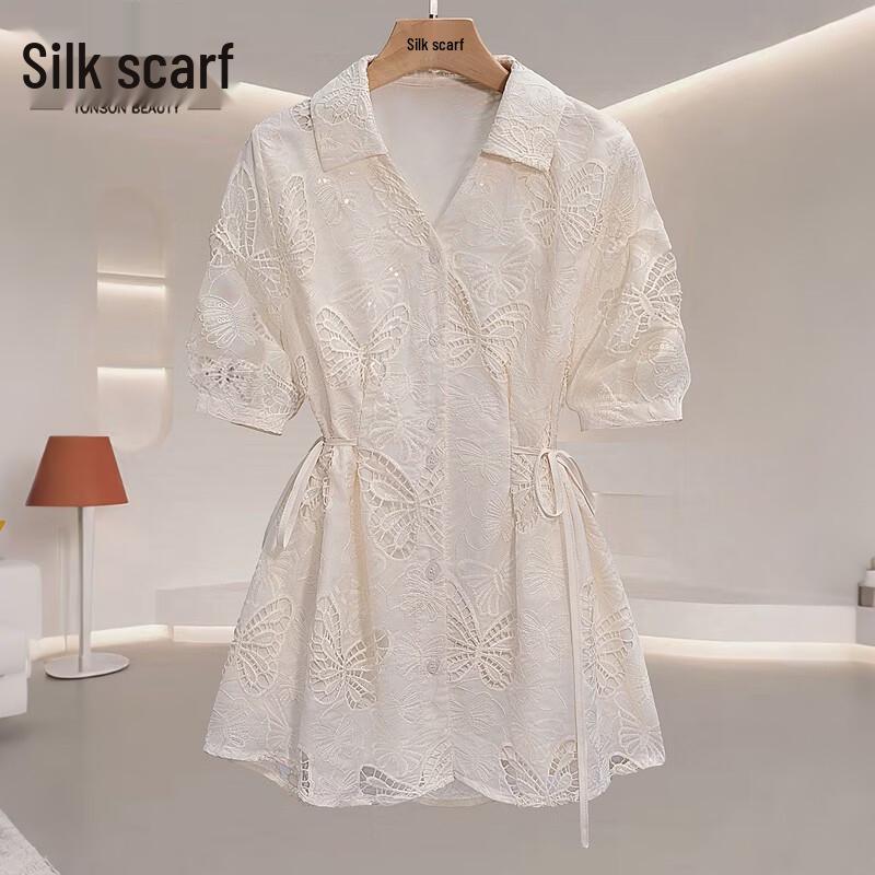 Elegant Women s Lapel Lace Button-Up Shirt S