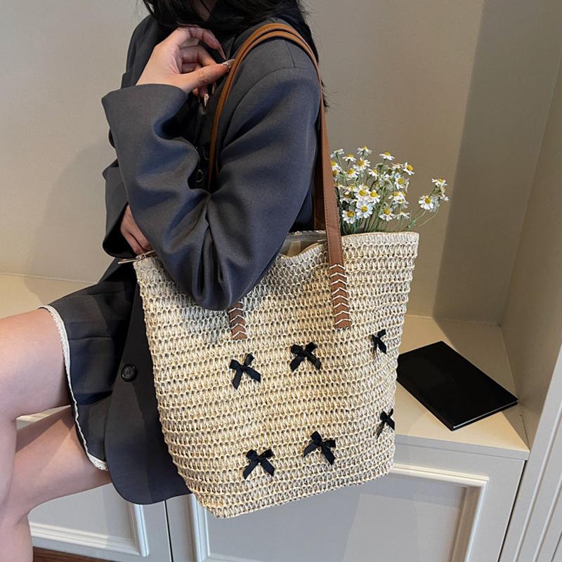 Yogodlns Summer Beach Large Capacity Tote Bag Women Shoulder Bag Handmade Woven Top-Handle Bags Raffia Boho Women Bag