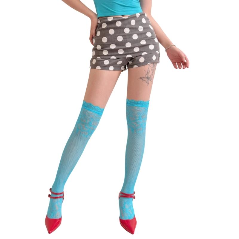 Ästhetische bunte gemusterte Overknee-Socken mit Spitzenbesatz Fischernetz-Gewebe Dehnbar Nylon Oberschenkelhohe Strümpfe für Damen