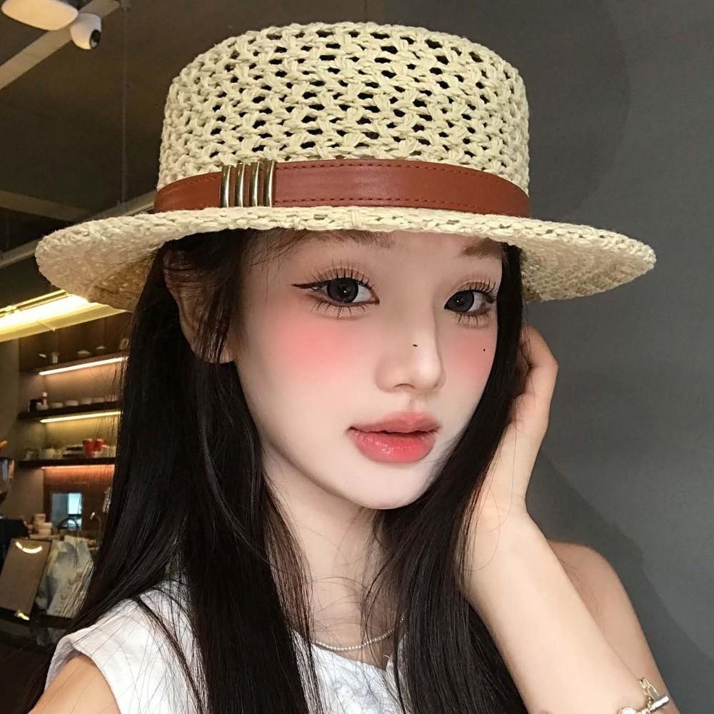 Sun Protection Straw Boater Hat Lightweight Flat Top Beach Hat Handwoven Sun Cap Garden Tea Party