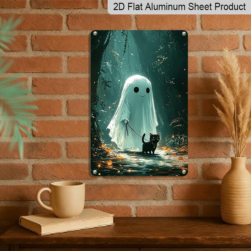 2D Flat, 1pc Halloween Cute Ghost & Black Cat Aluminum Sign, Lloween Wall Decor for Haunted House, Party, Home, Bathroom - Spooky Housewarming Gift
