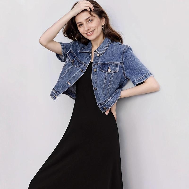 Women's Polo Collar Short Sleeve Cropped Denim Jacket Oversized Vintage Dark Blue Coat Elegant Street Commuter Outerwear