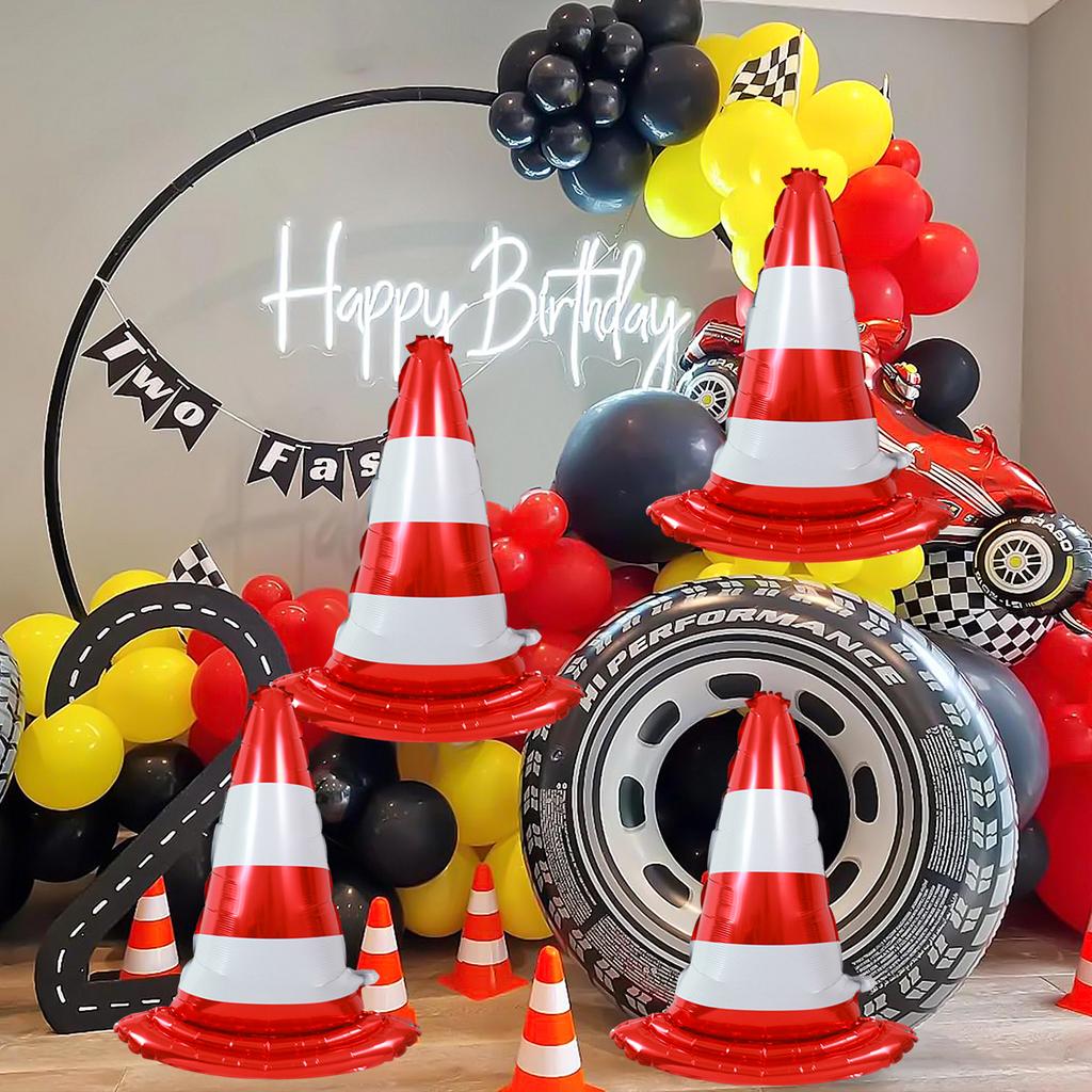 4pcs Traffic Cone Racing Aluminum Foil Balloons, Racing Theme Sports Activity Traffic Toys, Parking Lot Sign Birthday Party