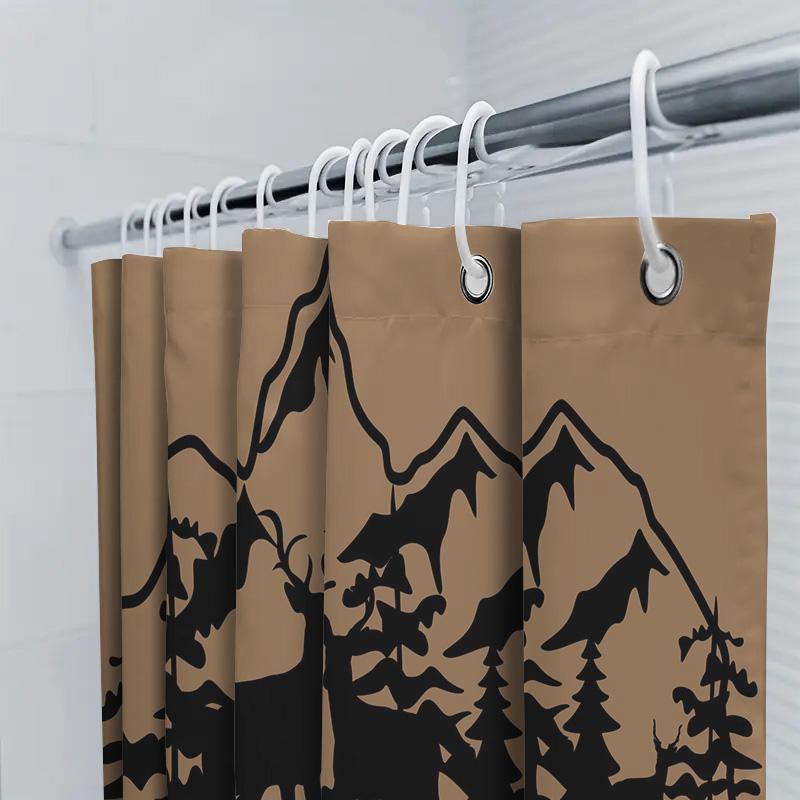Berg-Sonnenuntergang Duschvorhang mit Elch-Silhouette Dekoratives Wasserdichtes Gewebe Badezimmerdekoration Schwarz/Beige Farbset (180X2
