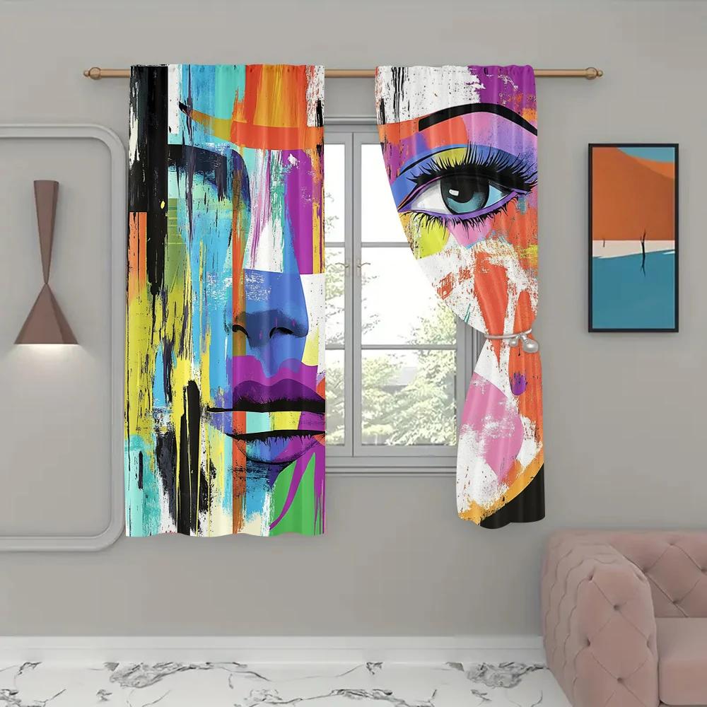 Abstract Curtains Woman Face Art Composition Paint Strokes Splashes Eye Red Lips Pattern Window Drapes Curtain Set Of 2 Made Polyester Washable