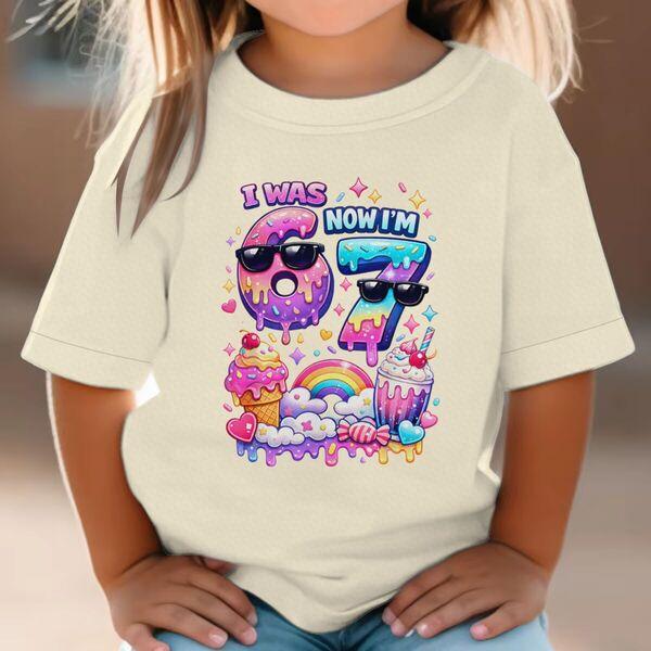 I Was 6 Now Im 7 Birthday Tshirt Girls Boys Casual Short Sleeve TShirt Candy Ice Cream Girls Tee Kids Number 6 7 Cotton Tees