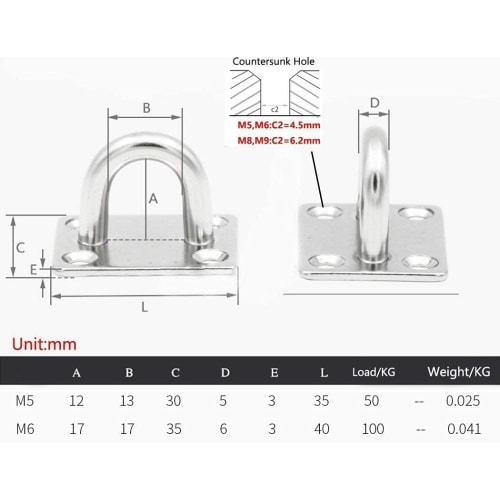 ZOYUBS Pad Eyes, Square Pad Eyes, Square Eye Plates with Stainless Steel Loops and Matching Screws, Wall-Mounted Pad Eyes for Ceiling Hanging, 304 Sta