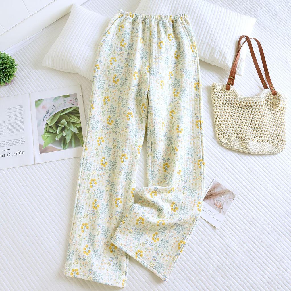 Women's Pure Cotton Soft Sleep Pants - Autumn/Winter Thin Split Hem Casual Lounge Trousers