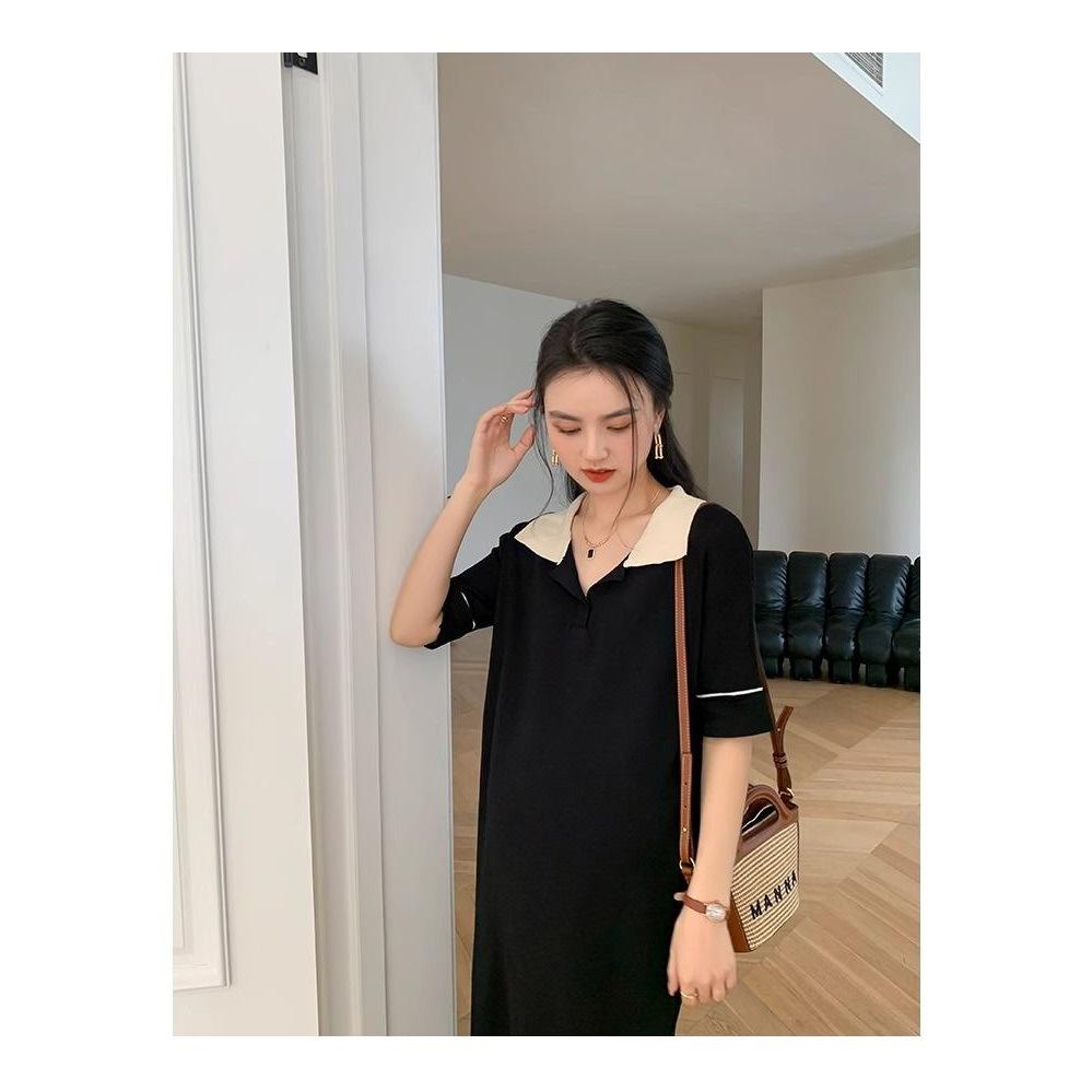 

Summer new fashion lapel polo collar Korean version casual knitted foreign style color matching dress Zixia One size fits all чёрный