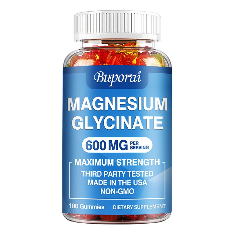 

Buporai Magnesium Glycine Gummies, 600 mg per serving, support muscle relaxation, vegan and safe. 100