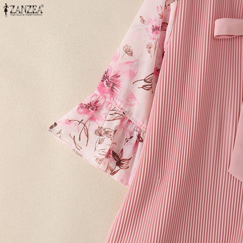 ZANZEA Women Casual V-Neck Floral Print Splice 3/4 Sleeve Loose Blouse