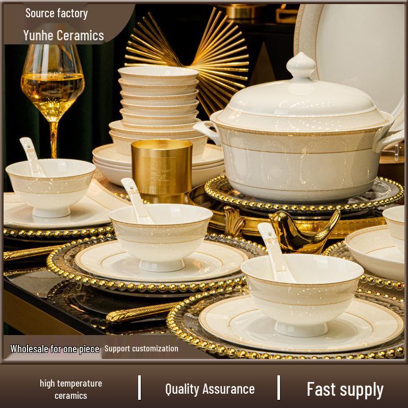 Jingdezhen High-Temperature Ceramic Bowl & Plate Set - Premium Underglaze Color, Chinese Light Luxury Gift with Chopsticks