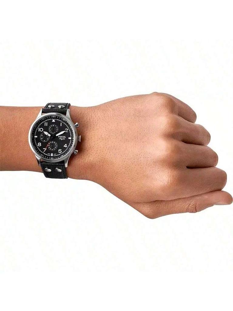 Gent's Retro Pilot Chronograph Watch: Black Dial Quartz with Leather Strap, Model FS5806