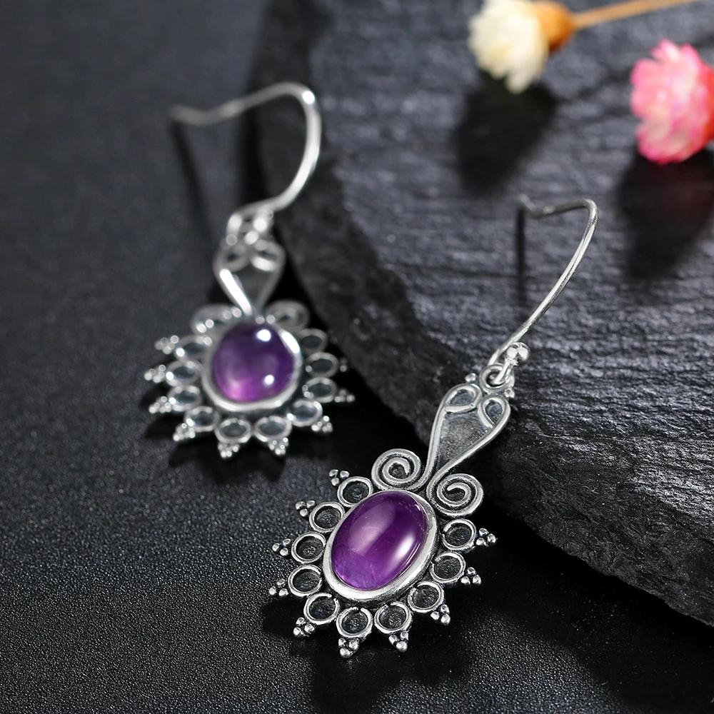 New Style Oval Ethnic Flower Amethyst Women's S Silver Drop Earrings Wedding Party Anniversary Engagement