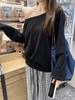 Women's Gray Off-Shoulder Cotton Long-Sleeve T-Shirt: Stylish, Loose-Fit Spring/Autumn Top