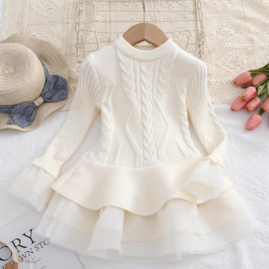 Girls' Fashion Long-Sleeved Shirt Collar Patchwork Tiered Skirt Colour Dress