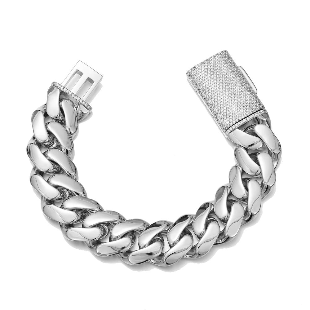 Rhodium Plated Jewelry Iced Out CZ Box Clasp Laminated Stainless Steel Bracelet High Polished Flat Cuban Link Chain Bracelet