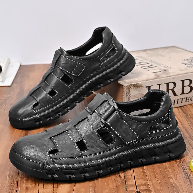 Fashion Outdoor Quick Dry Male Sandals Hand-stitching Men's Summer Shoes New Casual Leather Beach Flats Anti-collision Toe Roma Sandals