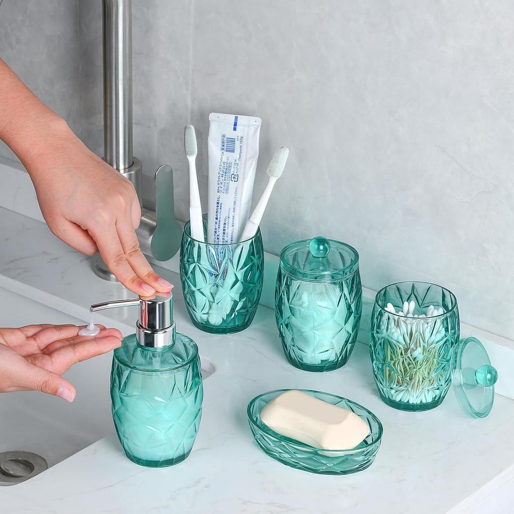 Teal Blue Bathroom Accessories Set 5pcs - Lotion Soap Dispenser, Toothbrush Holder, 2 Qtip Holder, Soap Dish, Bathroom Accessory Set, Modern Bathroom