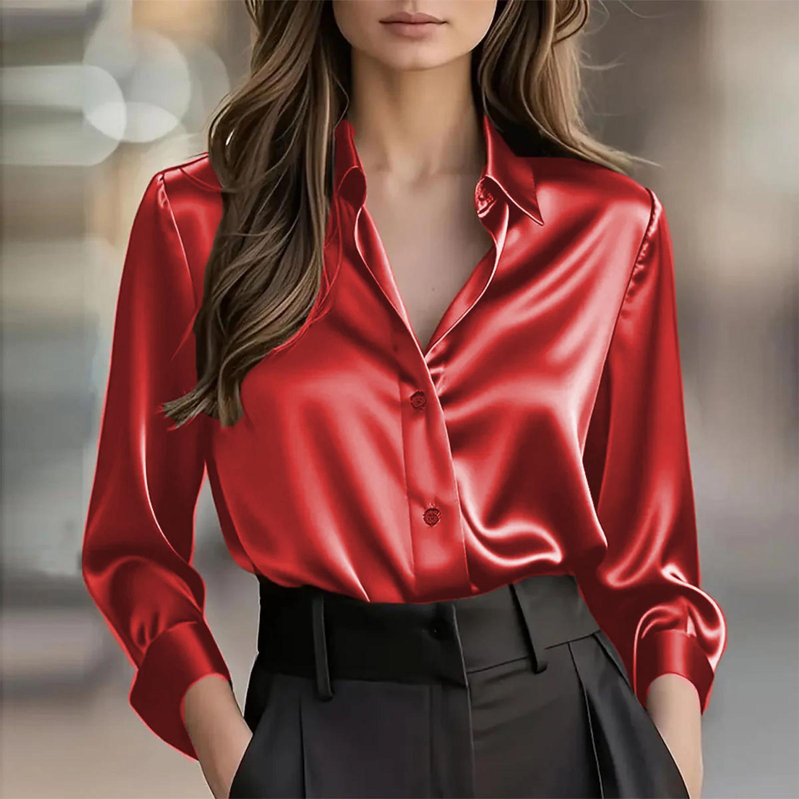 

Women s Fashion Casual V-neck Solid Color Temperament Shirt Female Button Shirt Long Sleeve Ladies T-shirt Top L красный