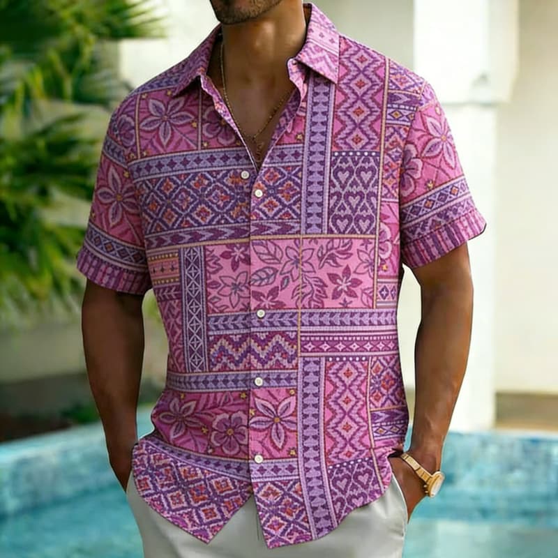 Men's Fashion Ethnic Print Short Sleeve Button Down Shirt Trendy Summer Style For Vacation Party Gathering Daily Commute