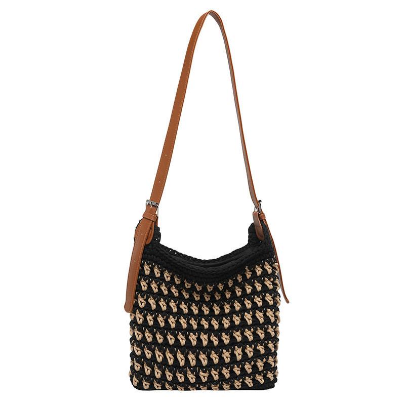 IELGY Woven Bag Spring Summer Hollow Holiday One-Shoulder Large-Capacity Cross-Body Bucket Bag