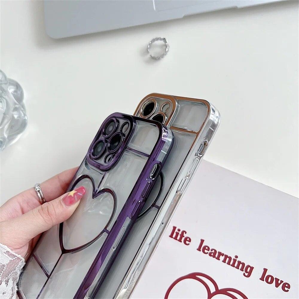 Luxury Electroplate Love Heart Phone Case For iPhone 11 Case Iphone 13 12 14 15 Pro Max 14 15 Plus Shockproof Bumper Clear Cover