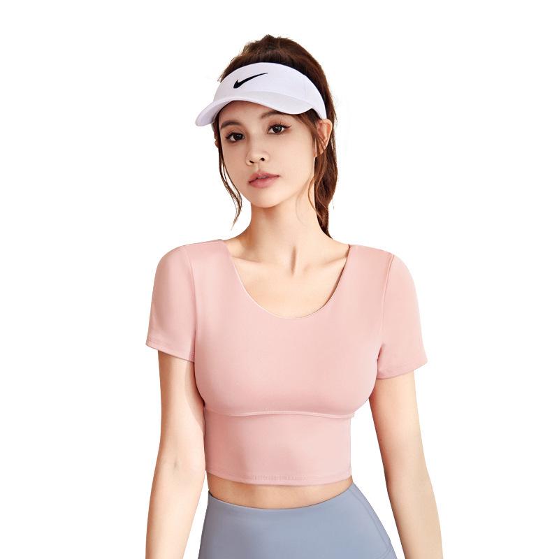 Yoga Slim Fit Criss-Cross Back Sports T-Shirt with Built-in Bra