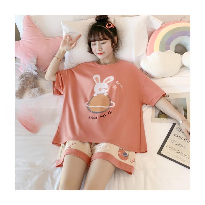 Women's Pajamas Set Summer Cute Cartoon Print Leisure Young Girls Sleepwear Short Sleeve Tops and Shorts Pijamas Women Homewear
