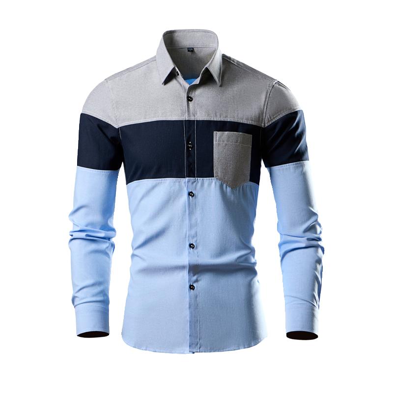 Men Patchwork Shirt Mens Spring Long Sleeve Shirt Anti-Wrinkle Free Ironing Business Comfort Fashion Breathable Slim Shirts