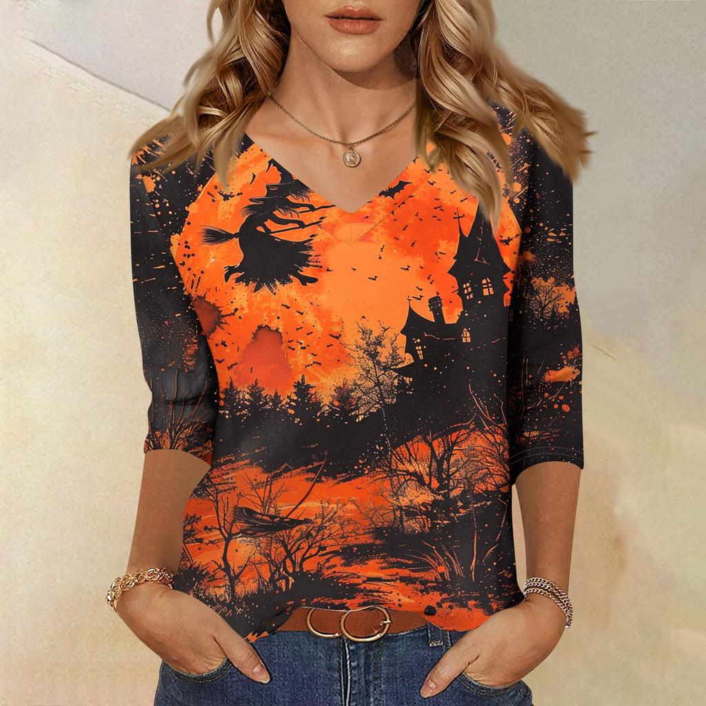 Women's Casual Halloween Print V Neck Top 3/4 Sleeve Lightweight Blouse for Fall Seasonal Wear Comfortable Fit