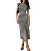 European Style Striped Knitted Maxi Dress Sleeveless Slim Fit Women Clothing