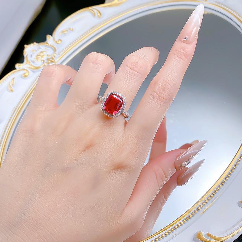 Xian Can Jewelry S925 Silver 9x11mm Pigeon Blood Red Pave Ring, European & American Style, Xiaohongshu Live.