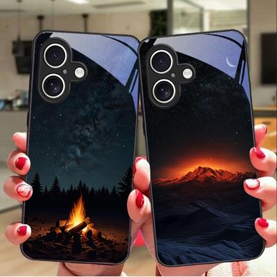 Sternennacht-Szene für Apple iPhone 16E 16 E 11 13 15 P Ro 14 Pro Max 12 Mini 7 8 Plus XR X XS Schwarze Handyhülle aus gehärtetem Glas