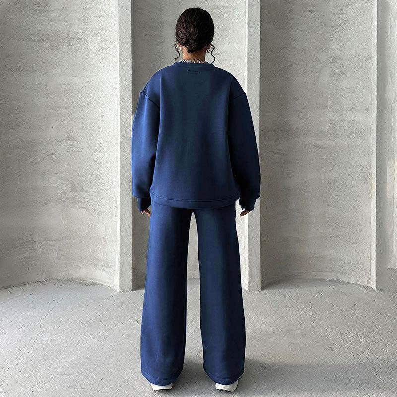 2024 podzim a zima nové jednobarevné kulatý výstřih s dlouhým rukávem volné dámské oblečení módní ležérní sada širokých kalhot