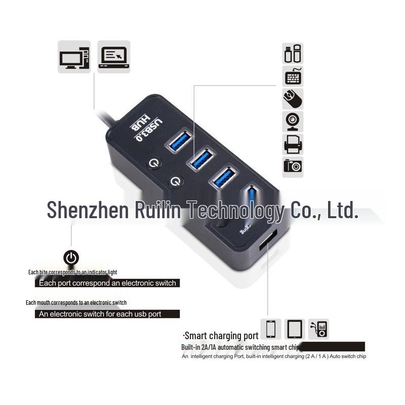 4-Port USB 3.0 Hub with Independent Switches and Quick Charge Port