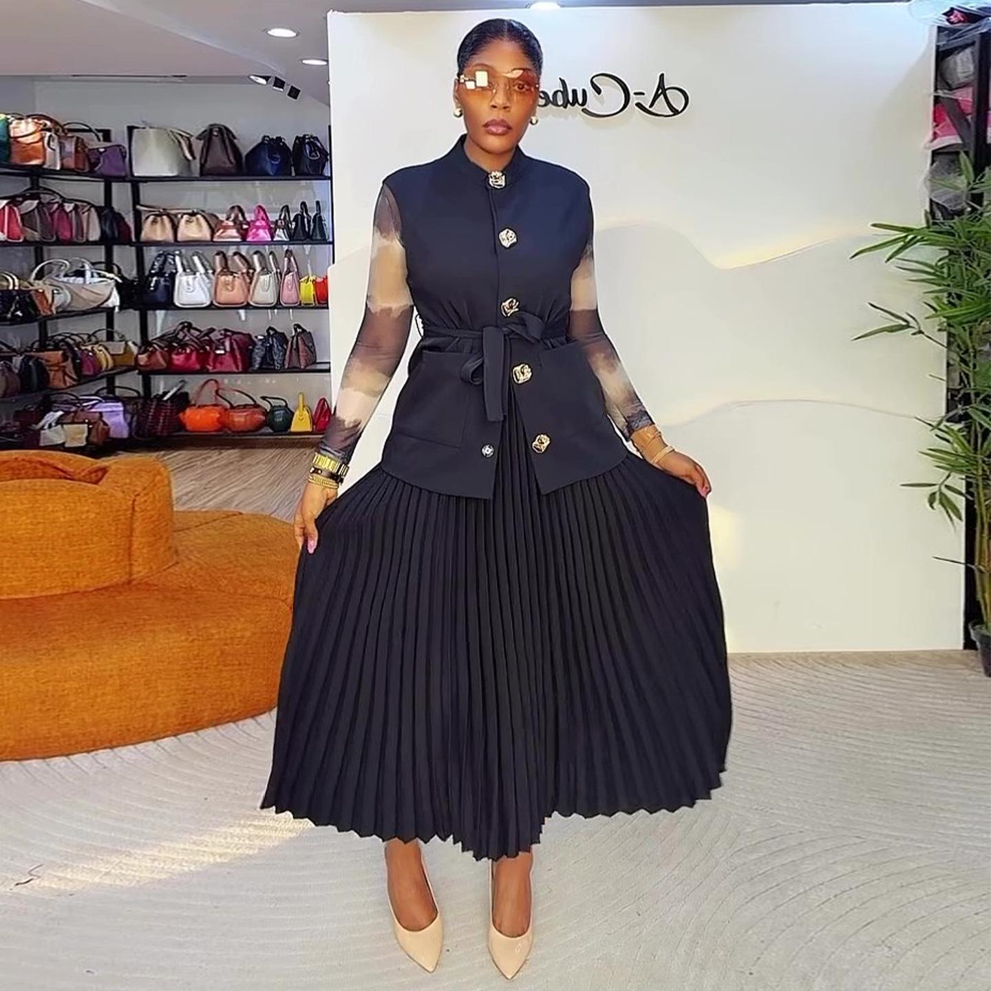 2026 Spring New Pure Black Vest Pleated Dress Set Elegant Women s Clothing S