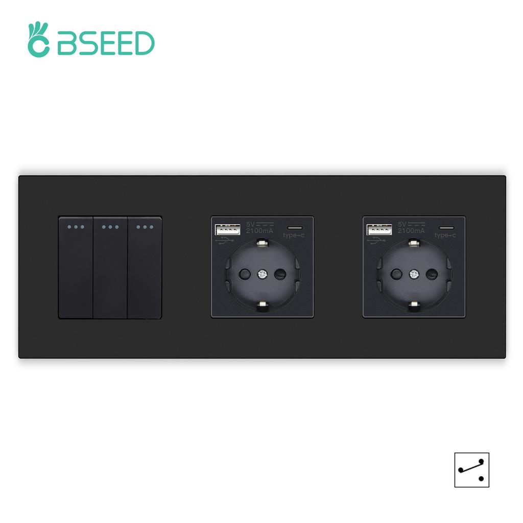 BSEED 1/2/3Gang Mechanical Button Switches 2Way For Stairs Plus EU Sockets USB Type-c Power Ports Matte Plastic Frames Black