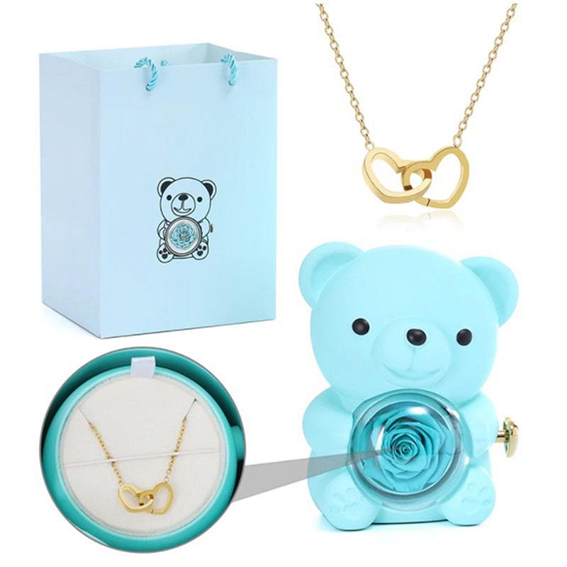 Creative Immortal Flower Rotating Rose Bear Jewelry Box Double Heart Necklace Valentine'S Day Romantic Gift For Women Girlfriend