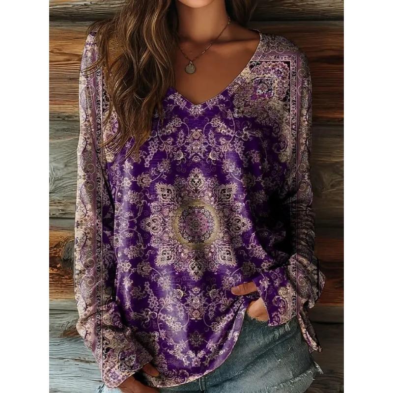 Vintage Women's T-Shirt Floral Graphic Plants Elegant Fashion T-shirts Long Sleeve V-Neck Regular Tops Pullover Fall Winter
