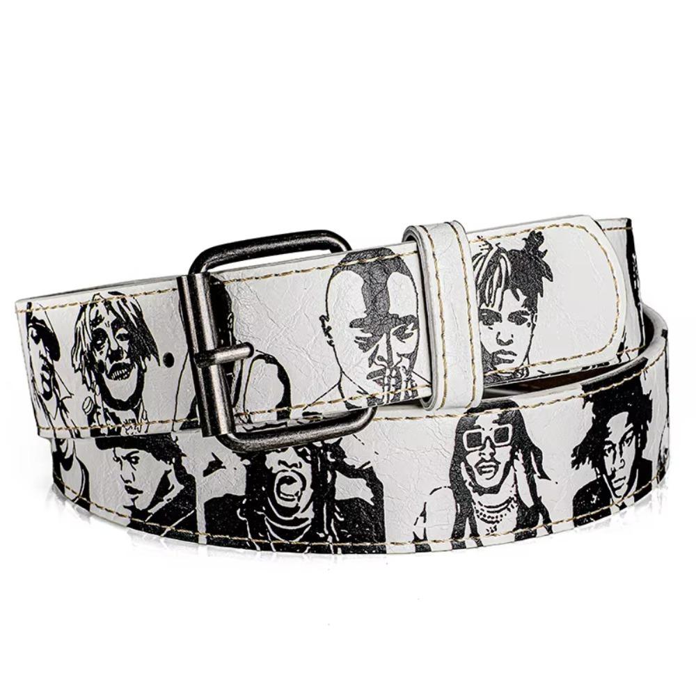 

Rapper Printed Hip-Hop Street Belt PU Leather Adjustable Waistband Fashion Versatile Rock Rep Persona Pin Buckle Belt Men Women белый