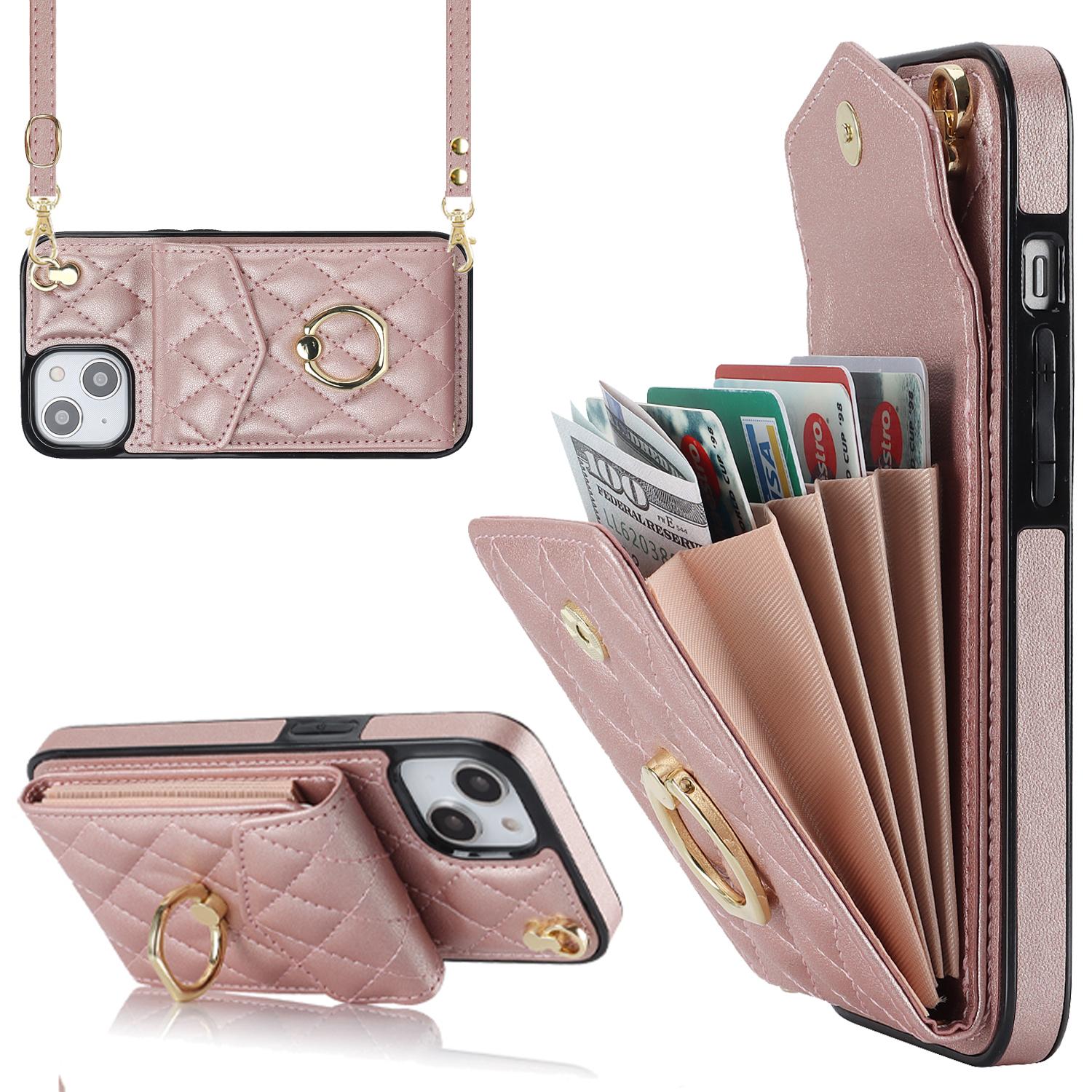 

For iPhone 15 RFID Blocking Phone Case Multiple Card Slots Ring Kickstand PU Leather+TPU Fall-proof Cover Rose Gold