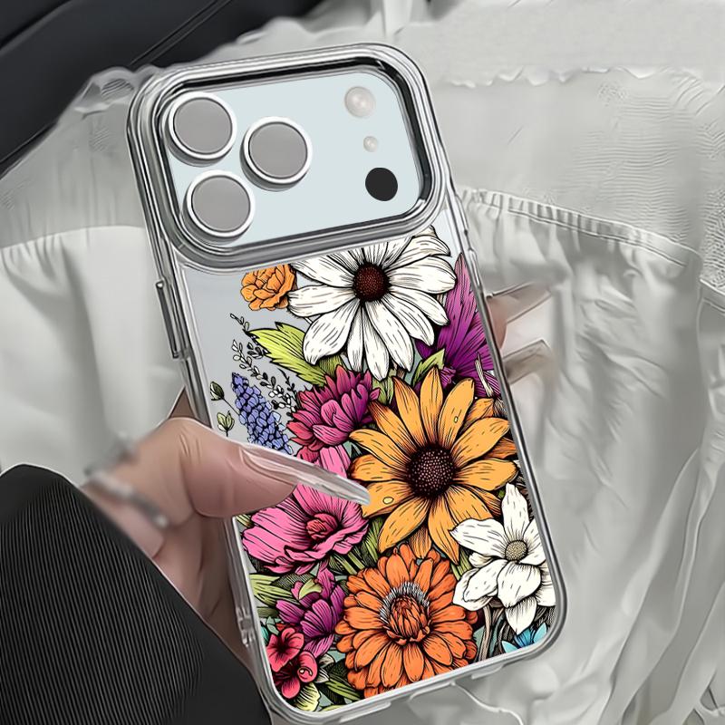 INS Sunflower Print Case For iPhone 17 Pro Max iPhone 16 15 14 13 Pro Max 11 17e 16e Plating Lens Frame Clear Soft Silicone Back Cover