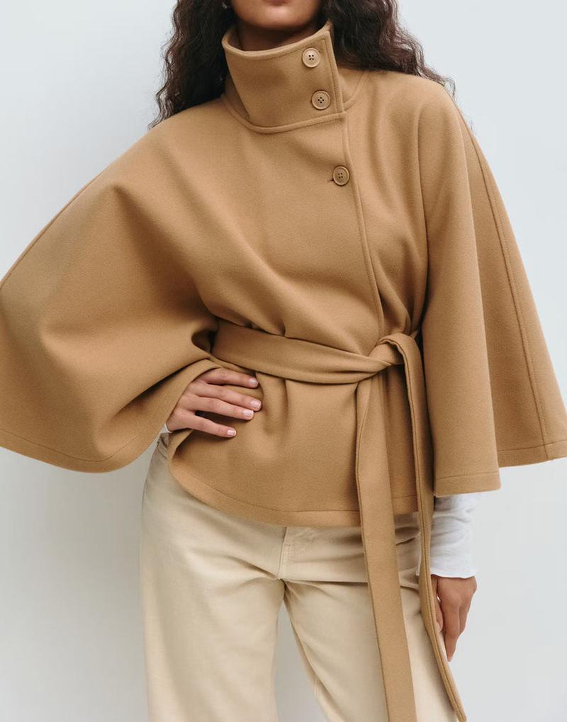 Women's Autumn/Winter Stand-up Collar Solid Color Cloak Coat with Buttoned Waist Belt