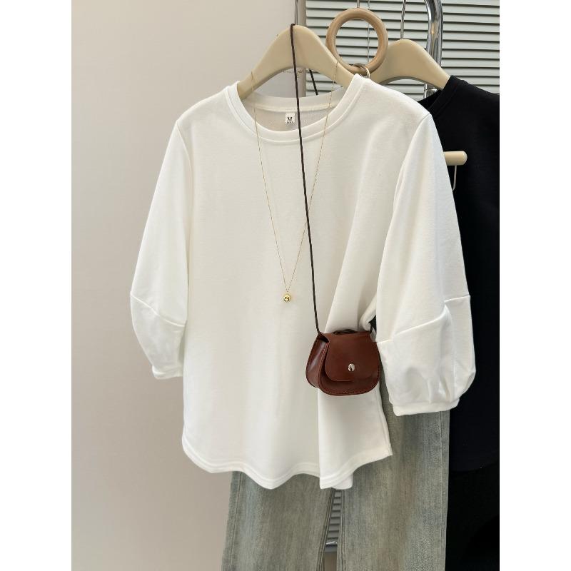 

Реальное фото футболка с рукавом три четверти женская сезонная свободная и шикарная с рукавом-фонариком однотонный топ 2XL белый