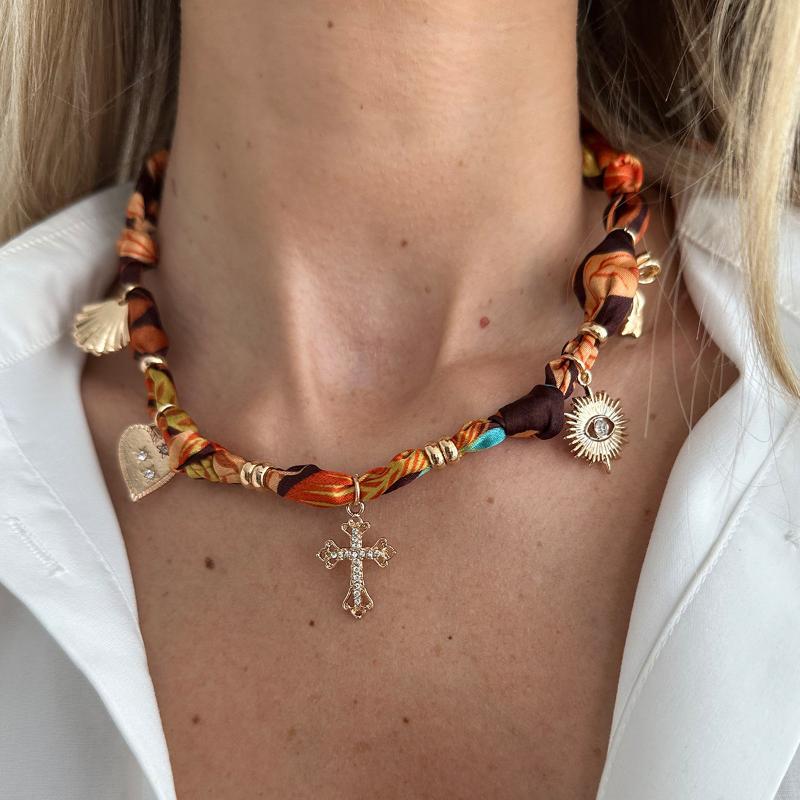 3Pcs/Set Bohemian Printed Fabric Necklace Women Vintage Starfish Conch Pendant Necklace Jewelry